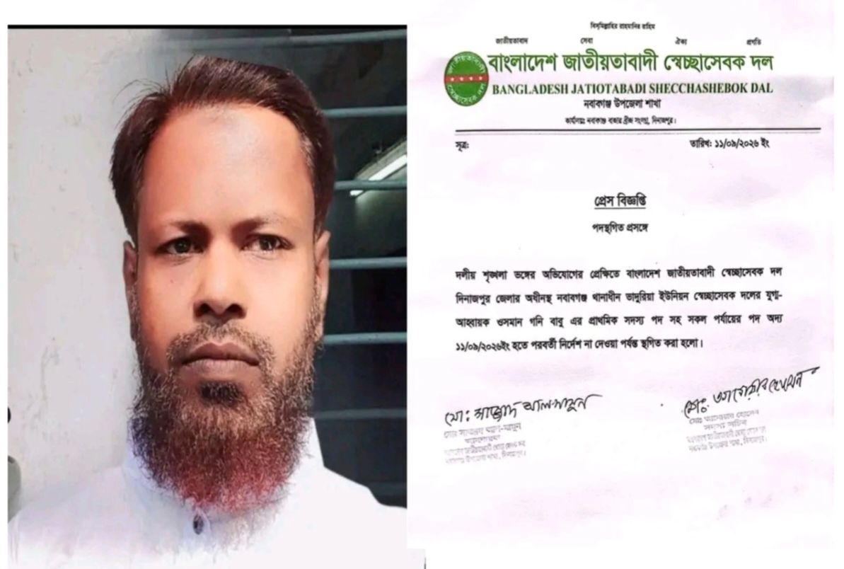 মাদক ব্যবসায়ীকে শেল্টার দেওয়ার অভিযোগে স্বেচ্ছাসেবক দল নেতার পদ স্থগিত